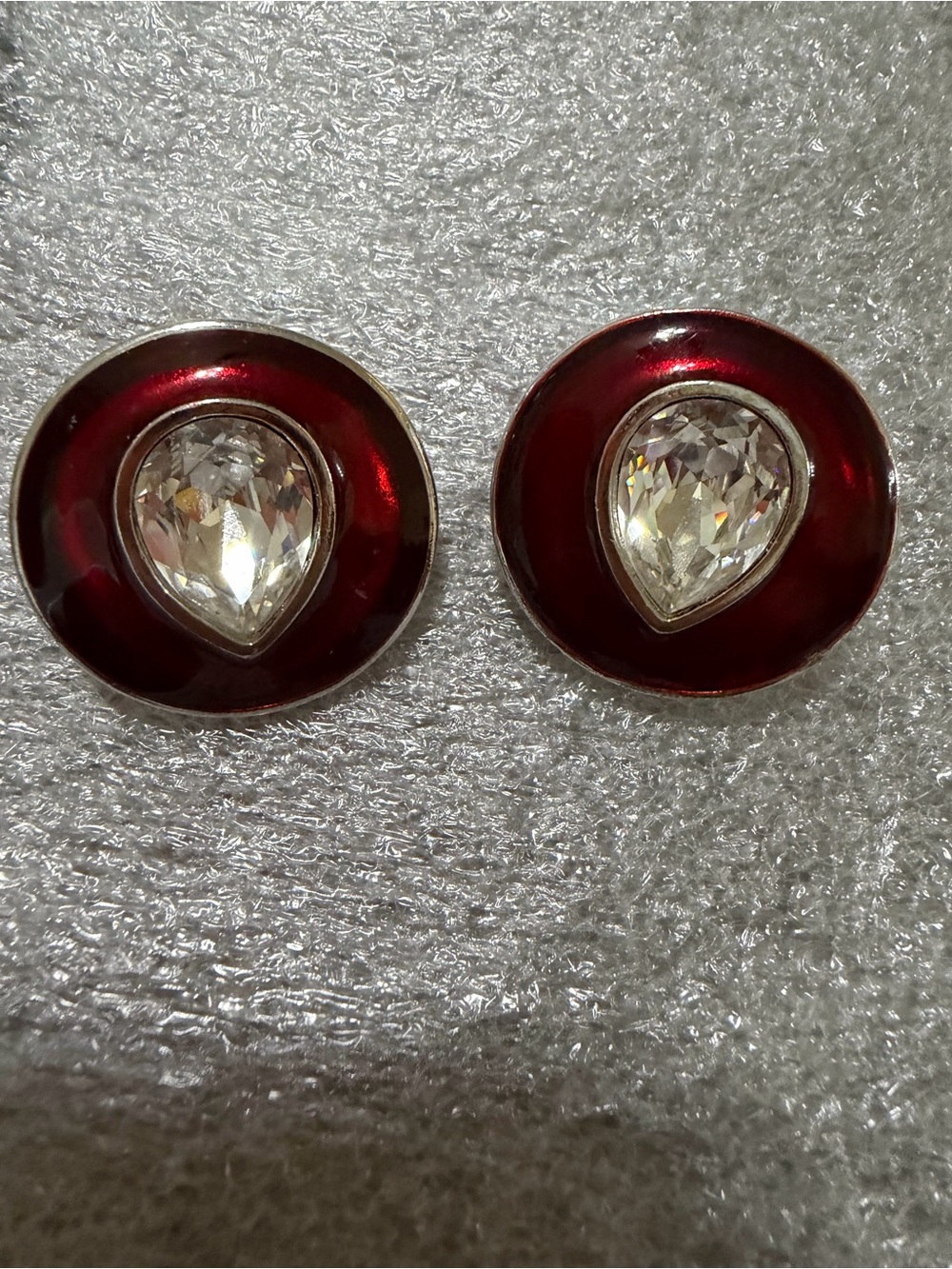Yves Saint Laurent Deep Red Enamel Clip on Earrings with Clear Teardrop Crystals